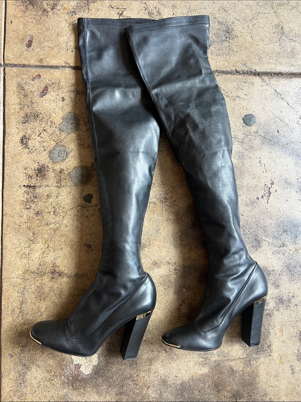 Stella McCartney Black Over-the-Knee Leather Boots with Gold Accent